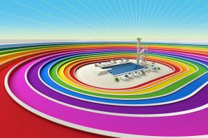 A coloured stadium surrounding a swimming pool